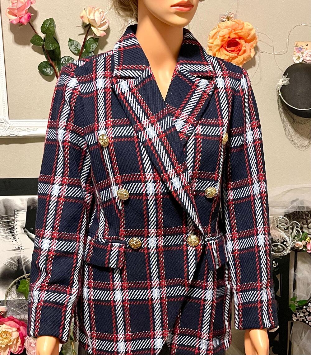 Boston Proper Plaid Double Breasted Blazer in Navy & Red New with Tags size 12
